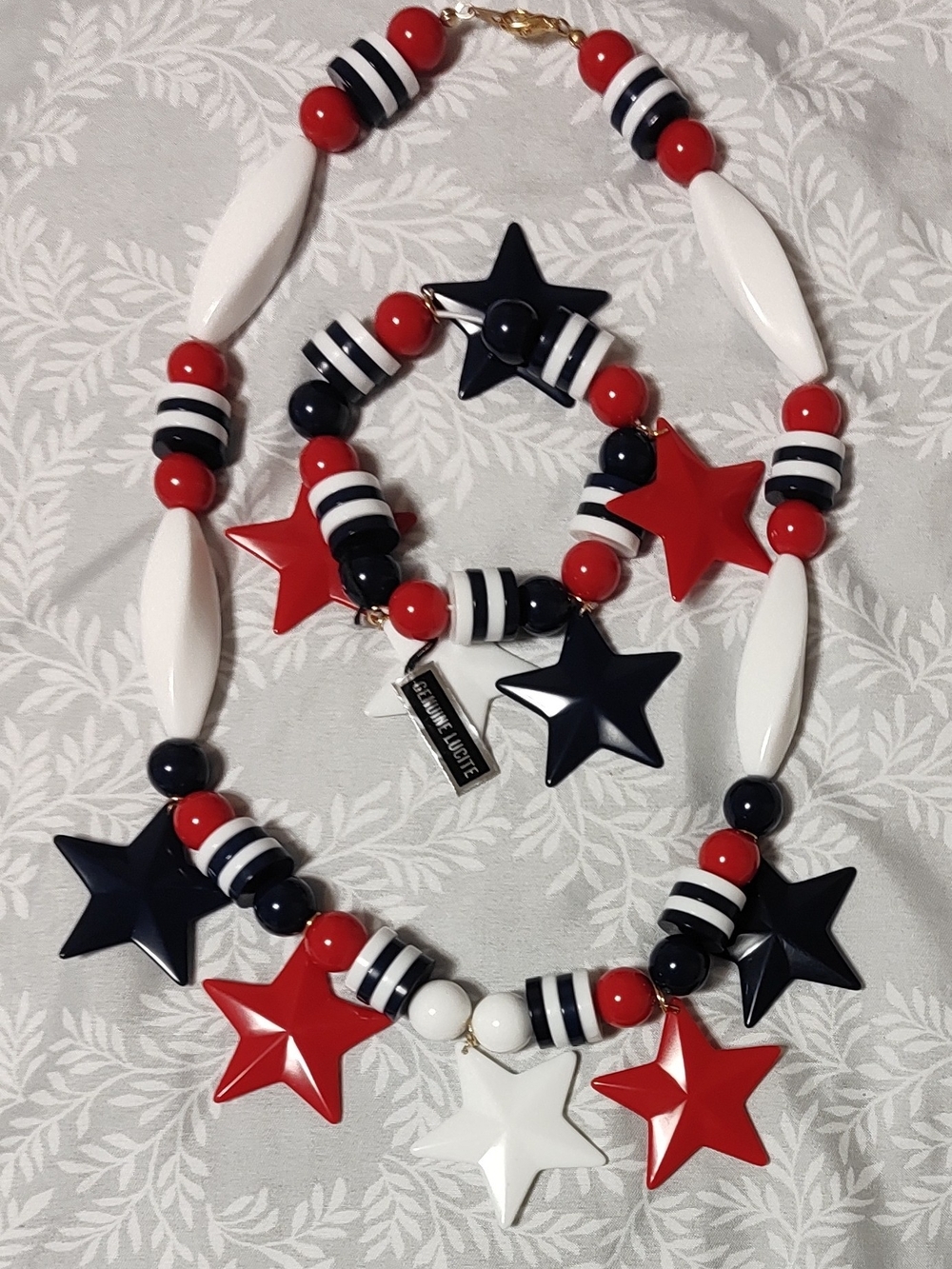 Vintage Park Lane Red, White & Blue, Genuine Lucite Necklace/ Bracelet Set NWT